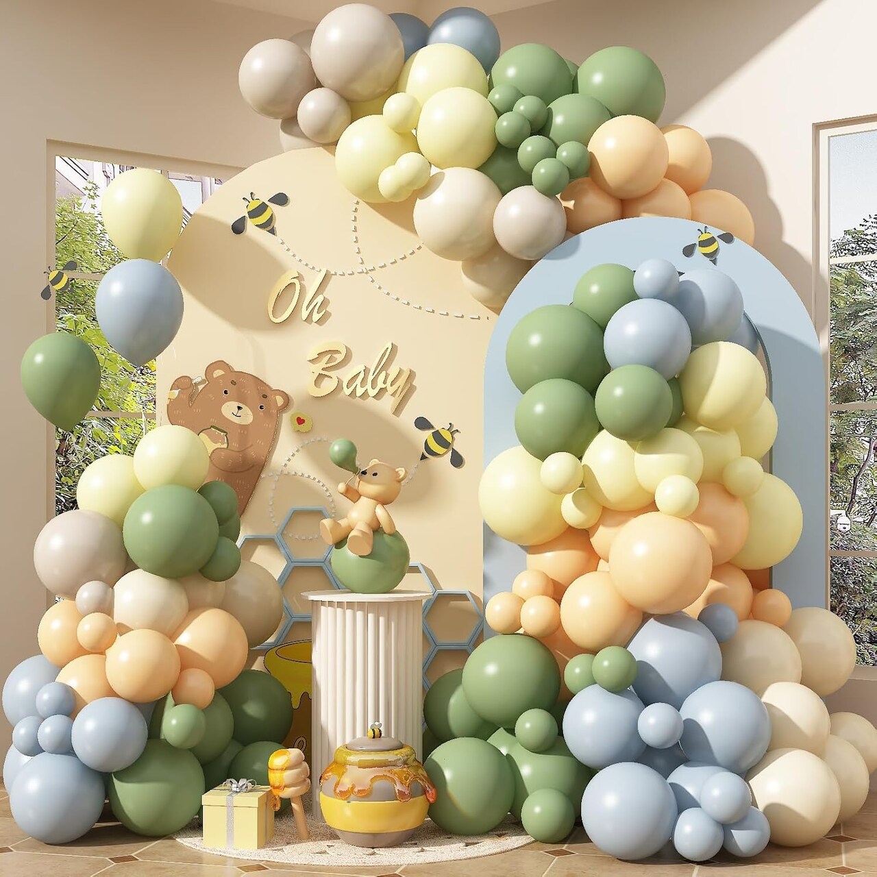 Blue and Green Balloon Arch Kit 115Pcs Dusty Blue Sage Green Balloons Garland Slate Yellow Cream Nude Beige White Sand Birthday Party Balloons for Boys Bear Bee Honeycomb Baby Shower Decorations